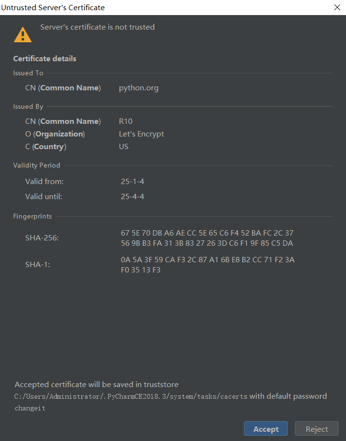 Pycharm弹框问题Untrusted Server's Certificate的解决方法1