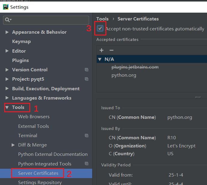 Pycharm弹框问题Untrusted Server's Certificate的解决方法4